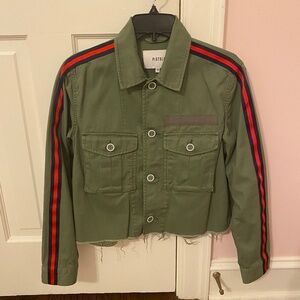 Pistola cropped green military jacket with red and blue stripe